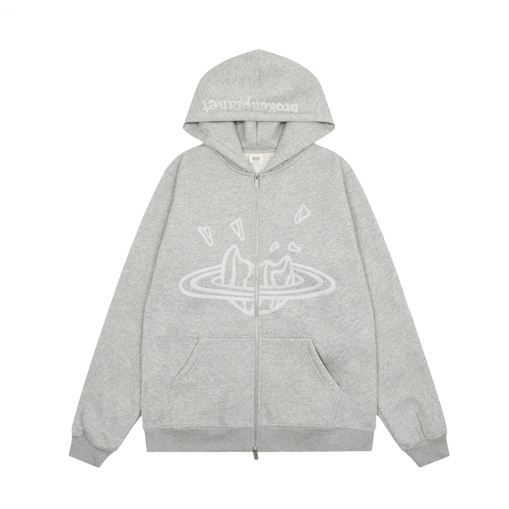 Broken Planet Puff Print Fleece Zip Up Hoodie