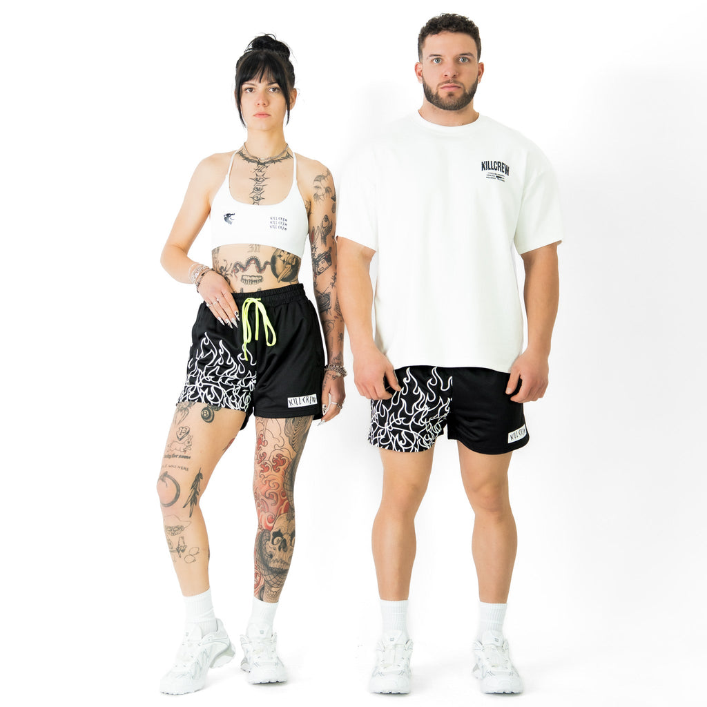 MUAY THAI FLAME SHORTS (MID THIGH CUT) - BLACK / WHITE