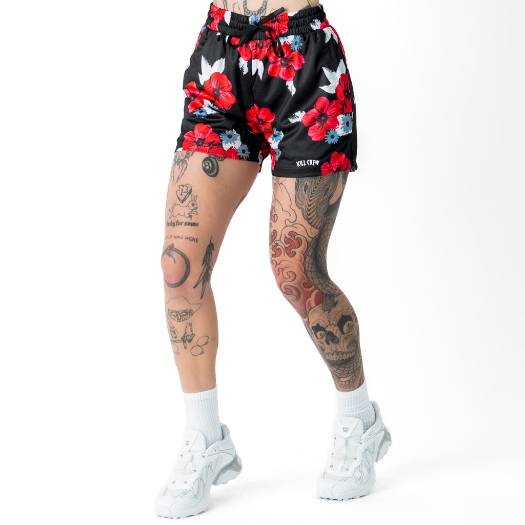MUAY THAI SHORTS (MID THIGH CUT) FLORAL - BLACK