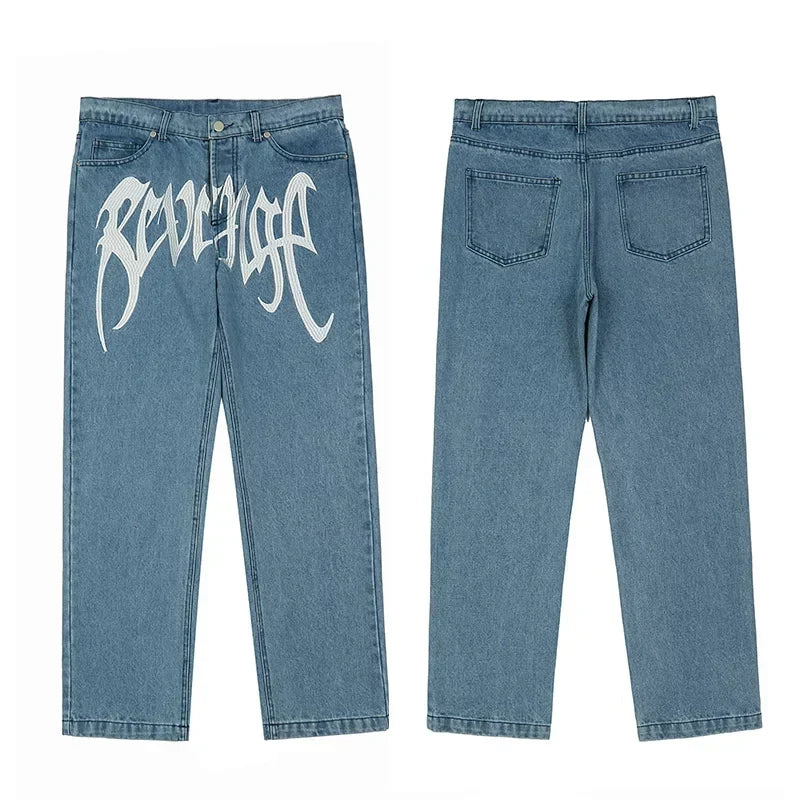 Revenge Vintage Blue Wash Gothic Logo Denim Jeans
